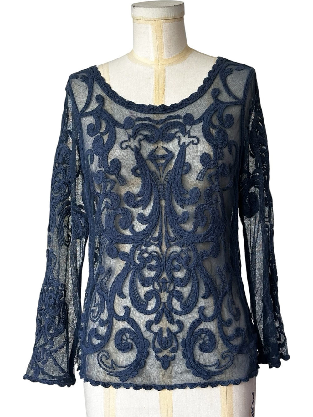 Sheer Mesh Embroidered Top Long Sleeve Scalloped Whimsigoth Festival Size Small